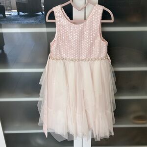 Pink Sleeveless Tulle Dress with Pearl Accents